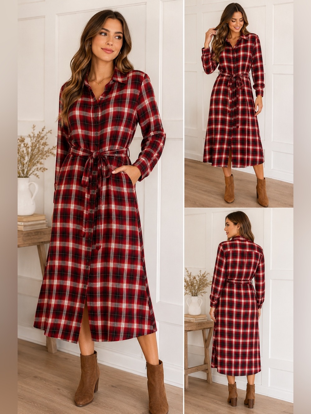 Plaid Button-Front Shirt Dress with Waist Tie - Red Plaid - Picture 1 of 5